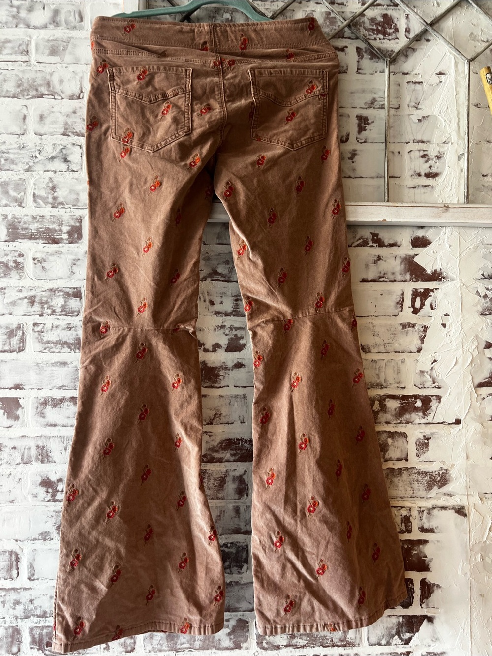We The Free flare light Brown Corduroy Flared Pants with Red Embroidery sz 30